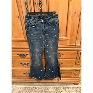 Judy Blue Star Embroidered High Rise Super Flare Jeans Sz 5/27 Dark Wash Raw Hem